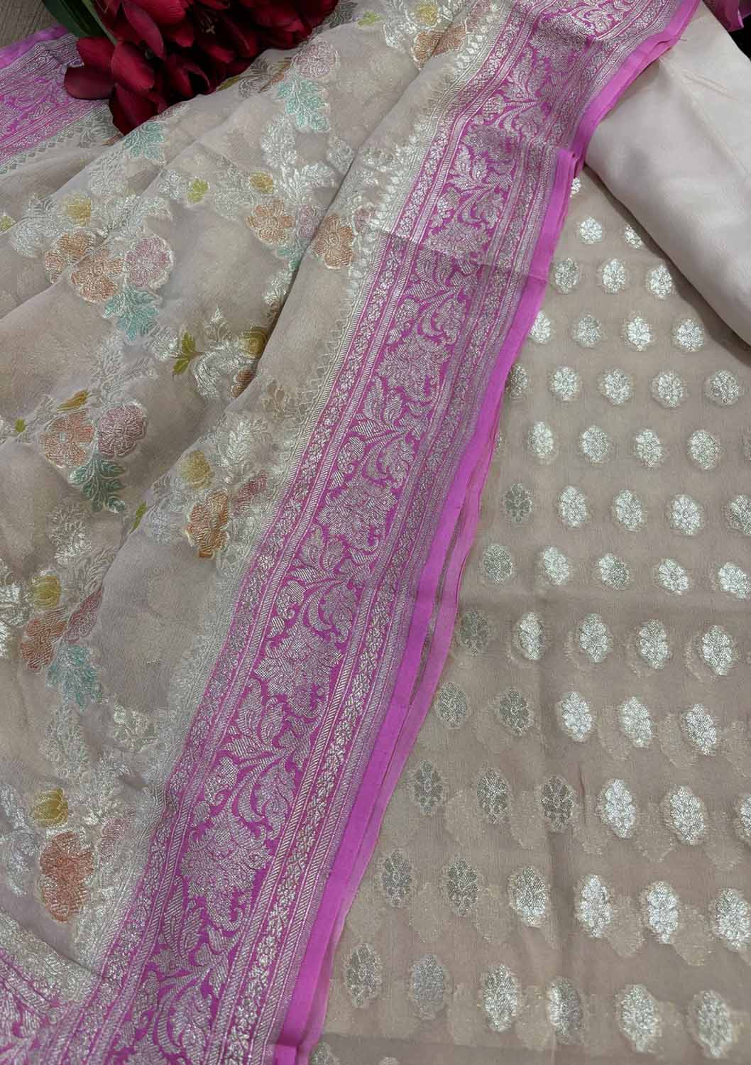 Pastel Banarasi Pure Georgette Brush Dye Three Piece Unstitched Suit Set - Luxurion World