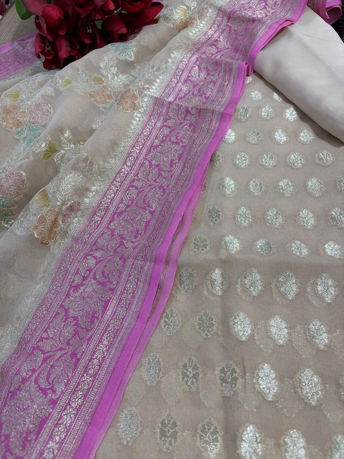 Pastel Banarasi Pure Georgette Brush Dye Three Piece Unstitched Suit Set - Luxurion World