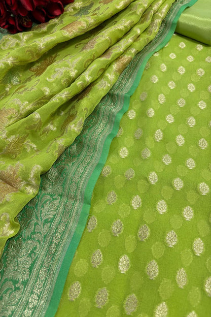 Green Banarasi Pure Georgette Brush Dye Three Piece Unstitched Suit Set - Luxurion World