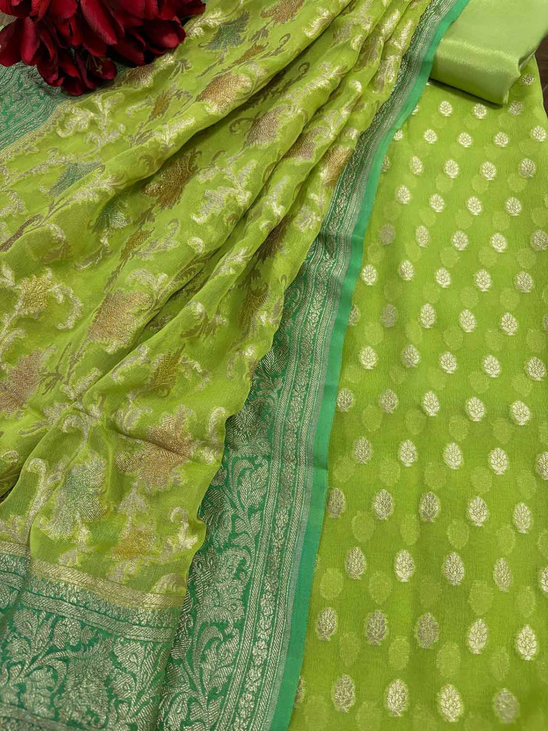 Green Banarasi Pure Georgette Brush Dye Three Piece Unstitched Suit Set - Luxurion World