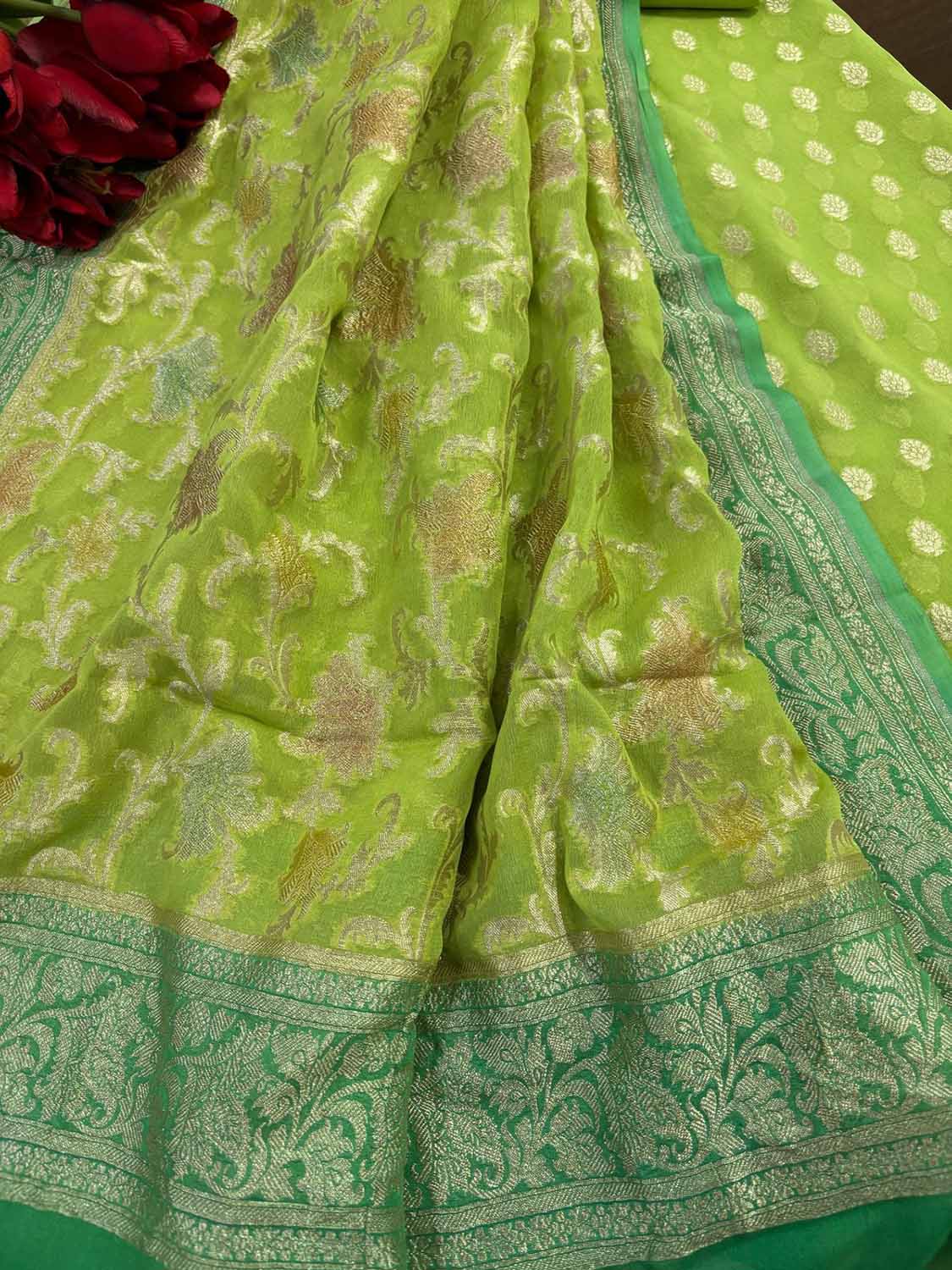 Green Banarasi Pure Georgette Brush Dye Three Piece Unstitched Suit Set - Luxurion World