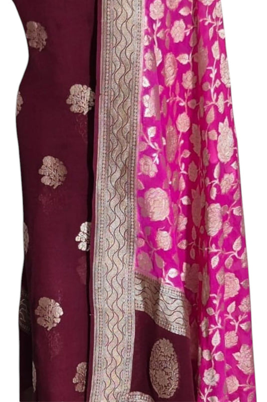 Maroon Handloom Banarasi Georgette Suit Set - Luxurion World