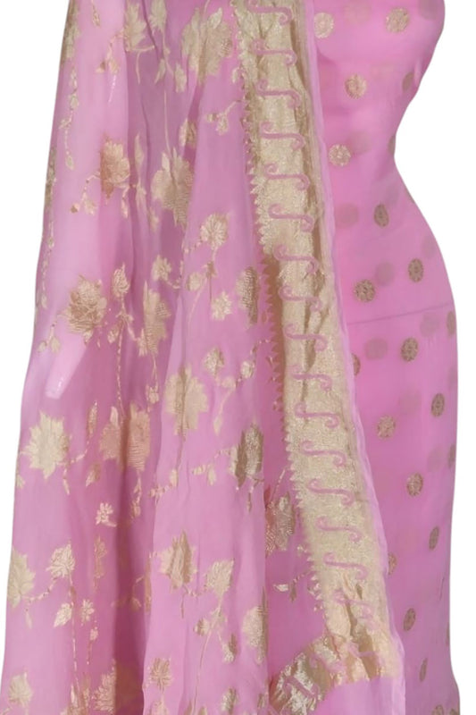 Handloom Banarasi Georgette Suit Set in Pink - Luxurion World