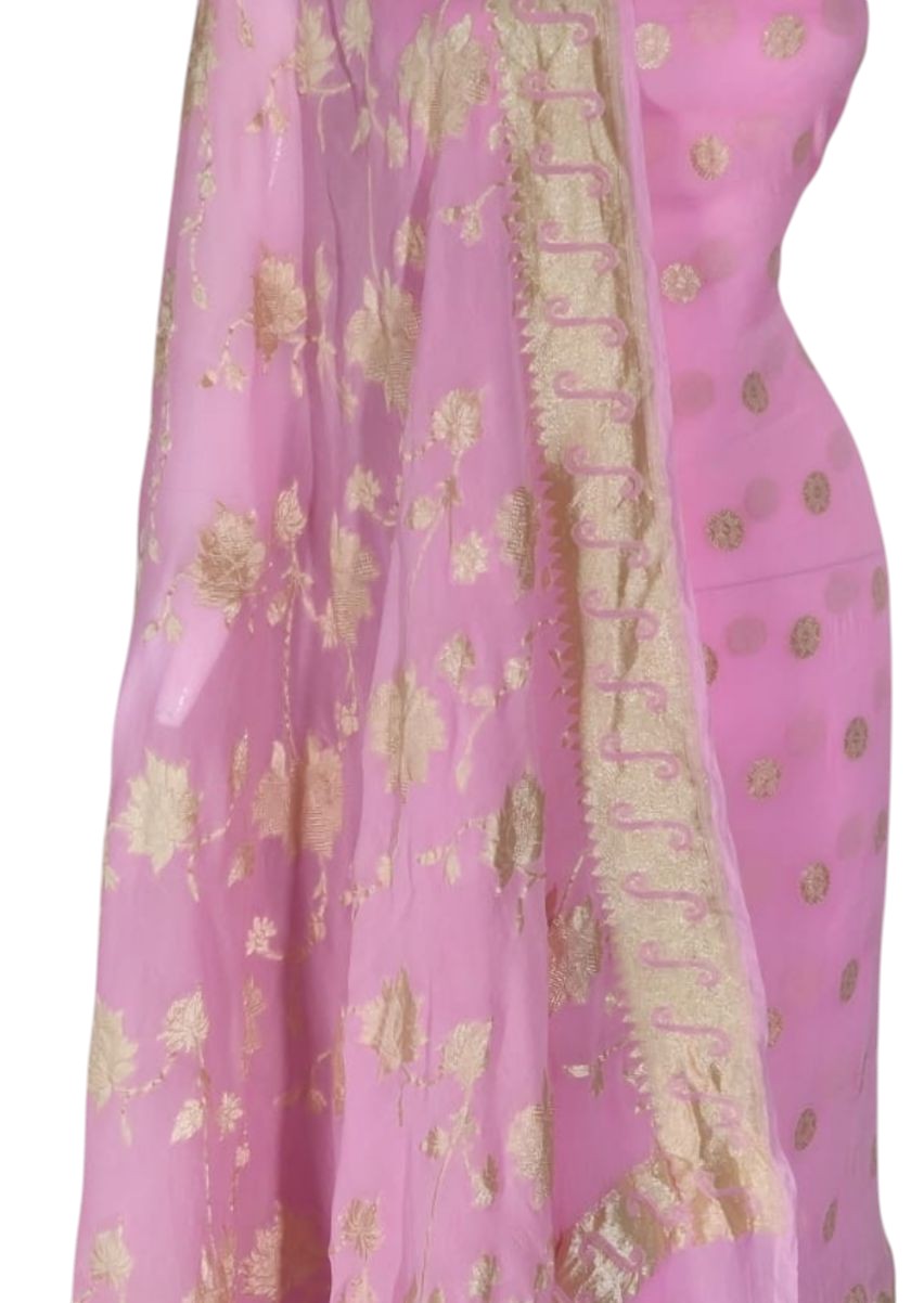 Handloom Banarasi Georgette Suit Set in Pink - Luxurion World