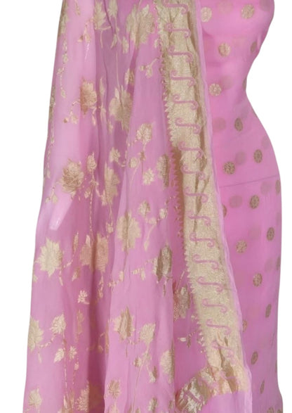 Handloom Banarasi Georgette Suit Set in Pink - Luxurion World