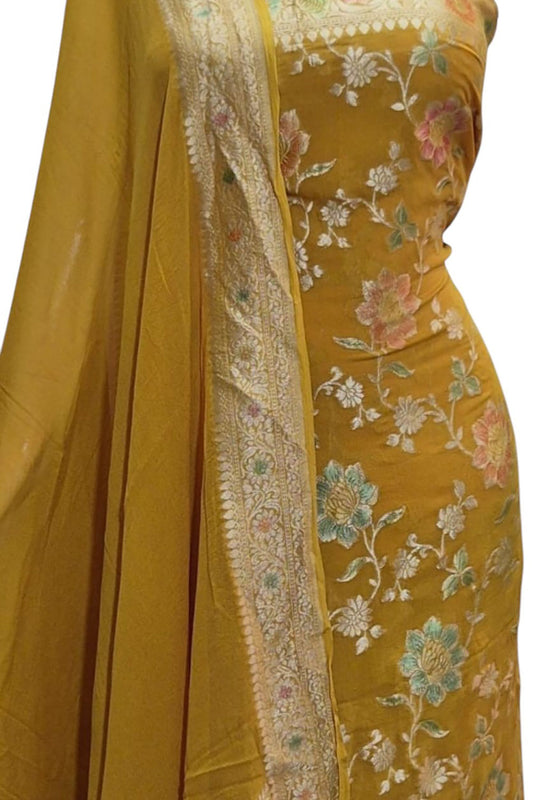 Yellow Handloom Banarasi Georgette Suit Set - Luxurion World