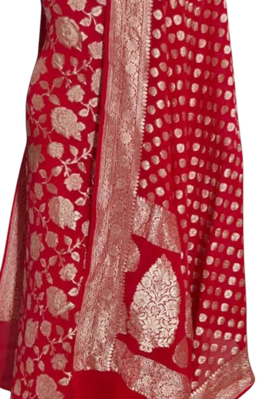 Red Handloom Banarasi Georgette Suit Set - Luxurion World