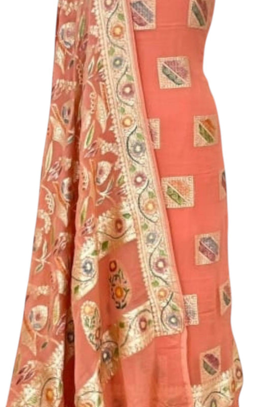 Orange Handloom Banarasi Georgette Suit Set - Luxurion World