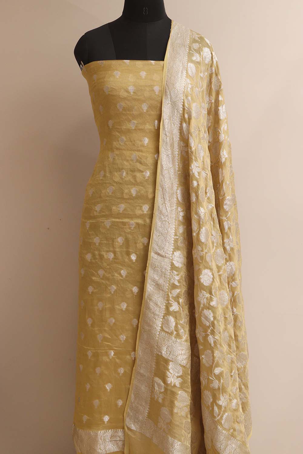 Yellow Banarasi Pure Tissue Georgette Three Piece Unstitched Flower Design Suit Set - Luxurion World