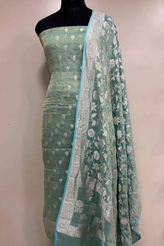 Blue Banarasi Pure Tissue Georgette Three Piece Unstitched Flower Design Suit Set - Luxurion World