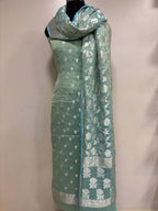 Blue Banarasi Pure Tissue Georgette Three Piece Unstitched Flower Design Suit Set - Luxurion World