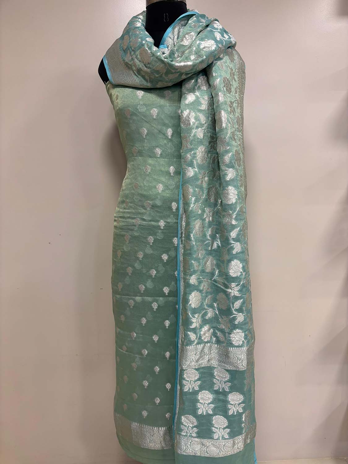 Blue Banarasi Pure Tissue Georgette Three Piece Unstitched Flower Design Suit Set - Luxurion World