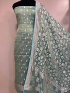 Blue Banarasi Pure Tissue Georgette Three Piece Unstitched Flower Design Suit Set - Luxurion World