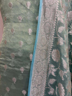 Blue Banarasi Pure Tissue Georgette Three Piece Unstitched Flower Design Suit Set - Luxurion World