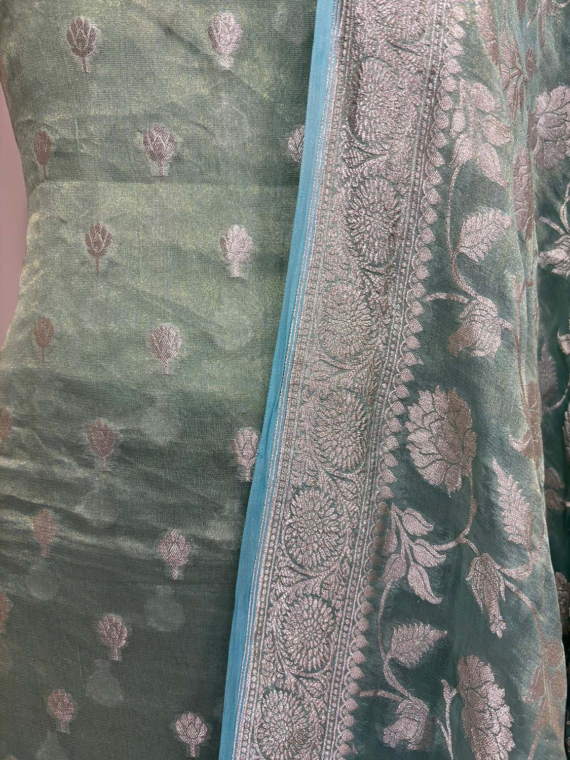 Blue Banarasi Pure Tissue Georgette Three Piece Unstitched Flower Design Suit Set - Luxurion World
