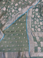 Blue Banarasi Pure Tissue Georgette Three Piece Unstitched Flower Design Suit Set - Luxurion World