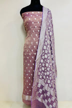 Onion Pink Banarasi Pure Tissue Georgette Three Piece Unstitched Flower Design Suit Set - Luxurion World