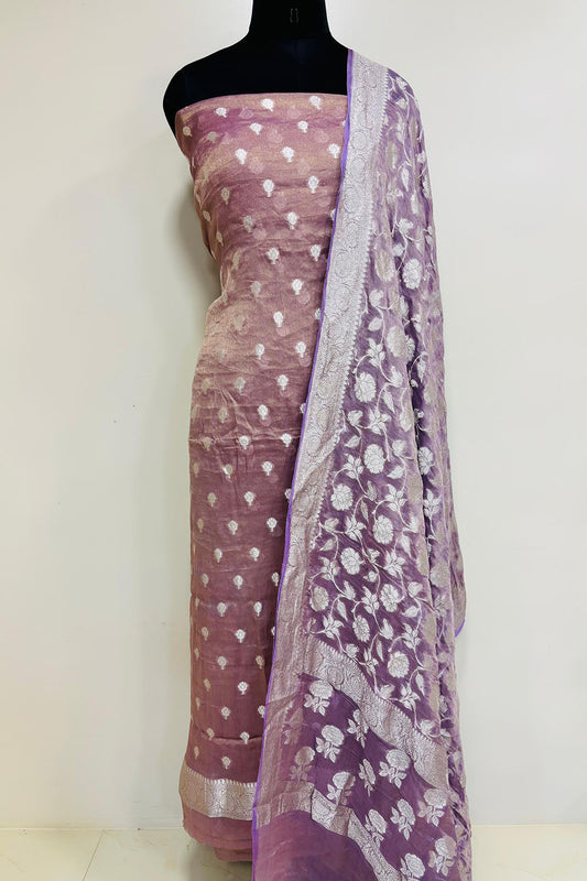 Onion Pink Banarasi Pure Tissue Georgette Three Piece Unstitched Flower Design Suit Set - Luxurion World