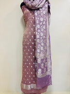 Onion Pink Banarasi Pure Tissue Georgette Three Piece Unstitched Flower Design Suit Set - Luxurion World