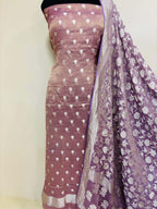 Onion Pink Banarasi Pure Tissue Georgette Three Piece Unstitched Flower Design Suit Set - Luxurion World