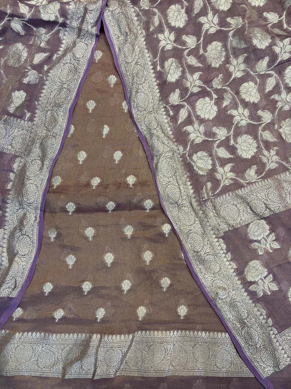 Onion Pink Banarasi Pure Tissue Georgette Three Piece Unstitched Flower Design Suit Set - Luxurion World