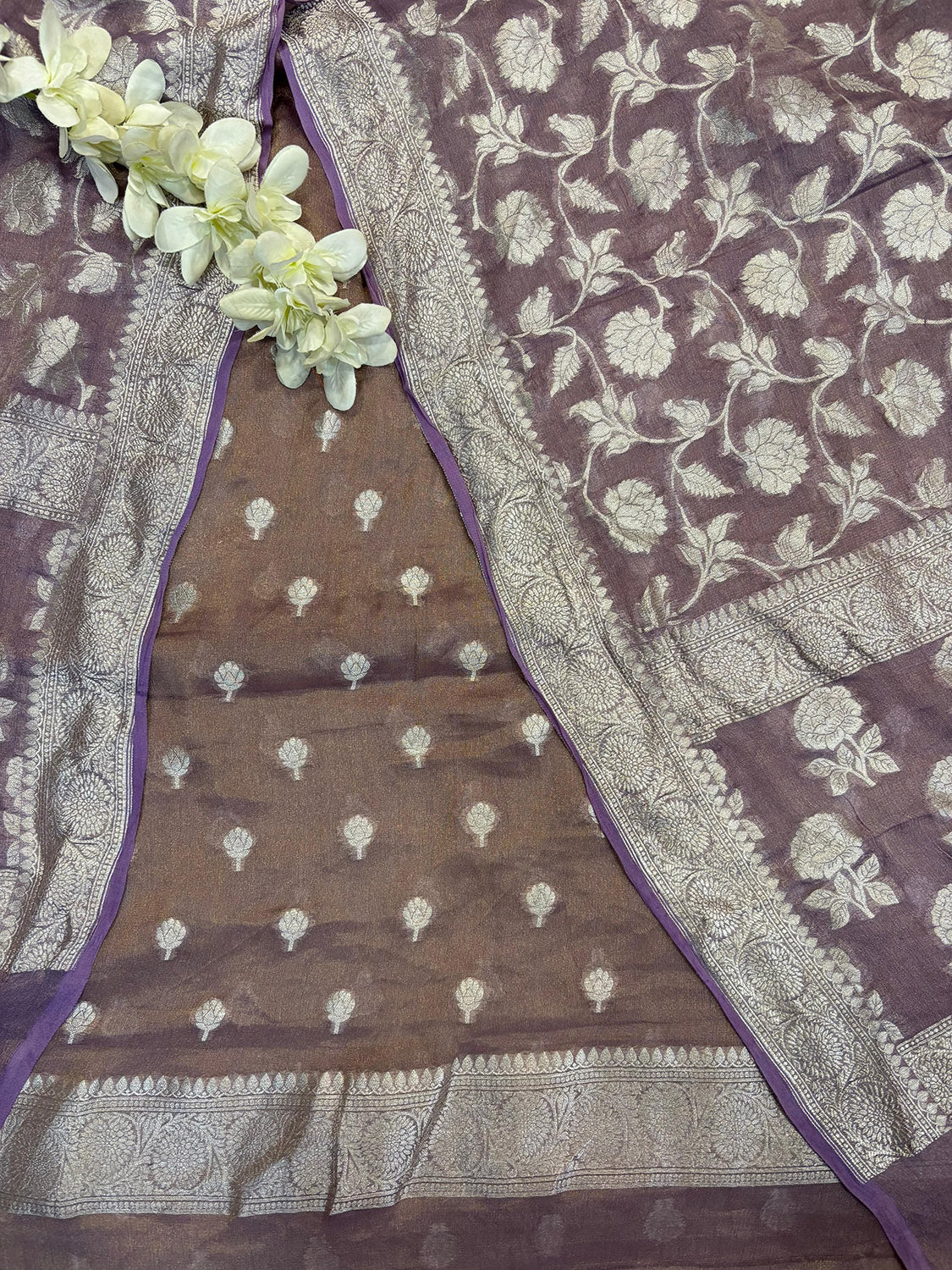 Onion Pink Banarasi Pure Tissue Georgette Three Piece Unstitched Flower Design Suit Set - Luxurion World
