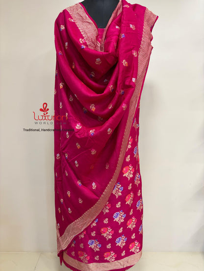 Elegant Pink Banarasi Pure Moonga Silk Meenakari Three Piece Unstitched Suit Set - Luxurion World