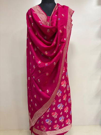Elegant Pink Banarasi Pure Moonga Silk Meenakari Three Piece Unstitched Suit Set - Luxurion World