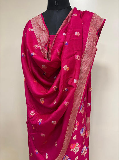 Elegant Pink Banarasi Pure Moonga Silk Meenakari Three Piece Unstitched Suit Set - Luxurion World