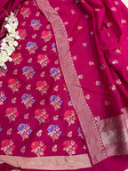 Elegant Pink Banarasi Pure Moonga Silk Meenakari Three Piece Unstitched Suit Set - Luxurion World