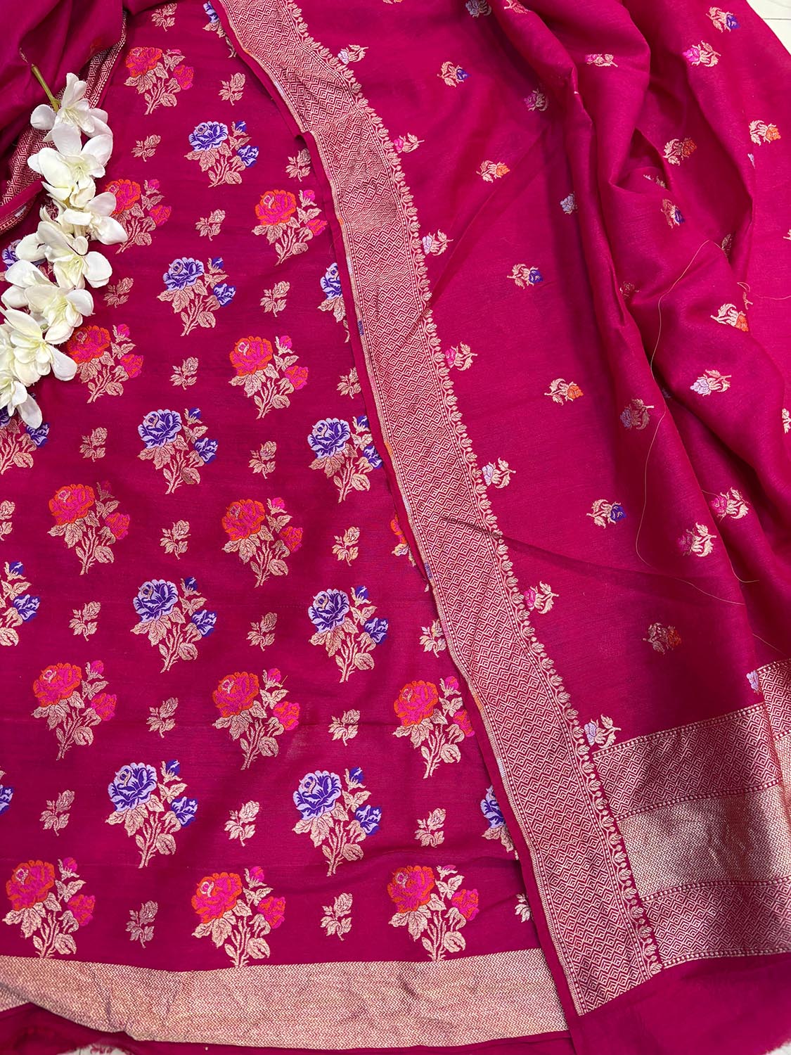 Elegant Pink Banarasi Pure Moonga Silk Meenakari Three Piece Unstitched Suit Set - Luxurion World