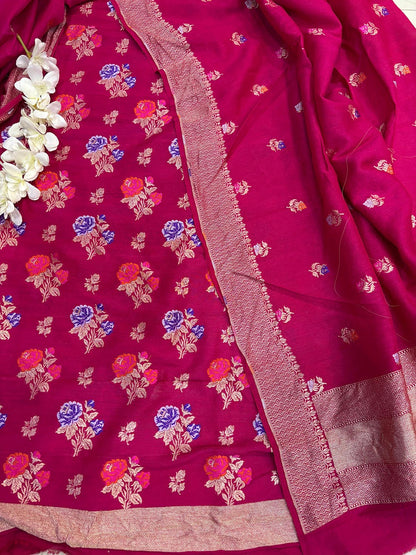 Elegant Pink Banarasi Pure Moonga Silk Meenakari Three Piece Unstitched Suit Set - Luxurion World