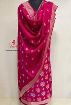 Elegant Pink Banarasi Pure Moonga Silk Meenakari Three Piece Unstitched Suit Set - Luxurion World