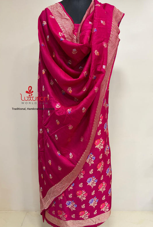 Elegant Pink Banarasi Pure Moonga Silk Meenakari Three Piece Unstitched Suit Set - Luxurion World