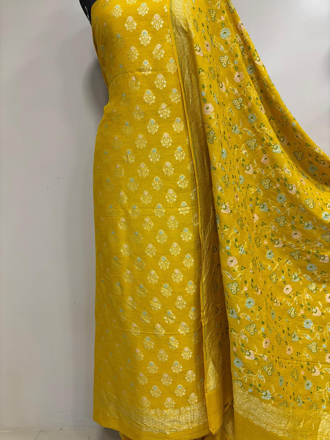 Yellow Banarasi Pure Moonga Silk Meenakari Three Piece Unstitched Suit Set - Luxurion World