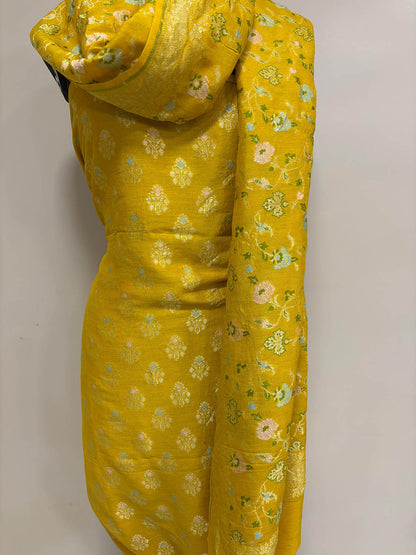 Yellow Banarasi Pure Moonga Silk Meenakari Three Piece Unstitched Suit Set - Luxurion World