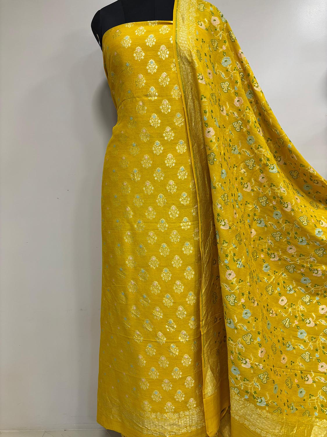 Yellow Banarasi Pure Moonga Silk Meenakari Three Piece Unstitched Suit Set - Luxurion World