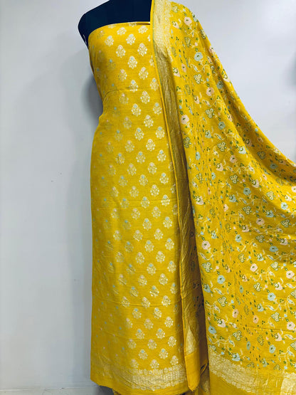 Yellow Banarasi Pure Moonga Silk Meenakari Three Piece Unstitched Suit Set - Luxurion World