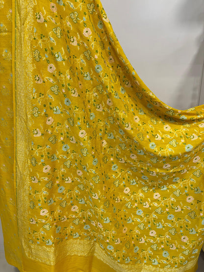 Yellow Banarasi Pure Moonga Silk Meenakari Three Piece Unstitched Suit Set - Luxurion World
