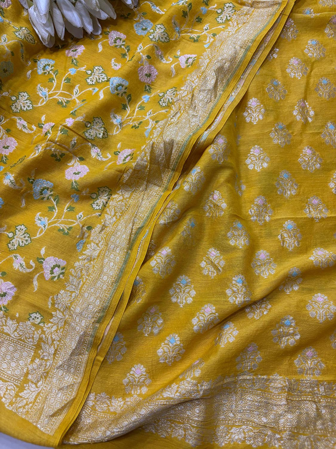 Yellow Banarasi Pure Moonga Silk Meenakari Three Piece Unstitched Suit Set - Luxurion World