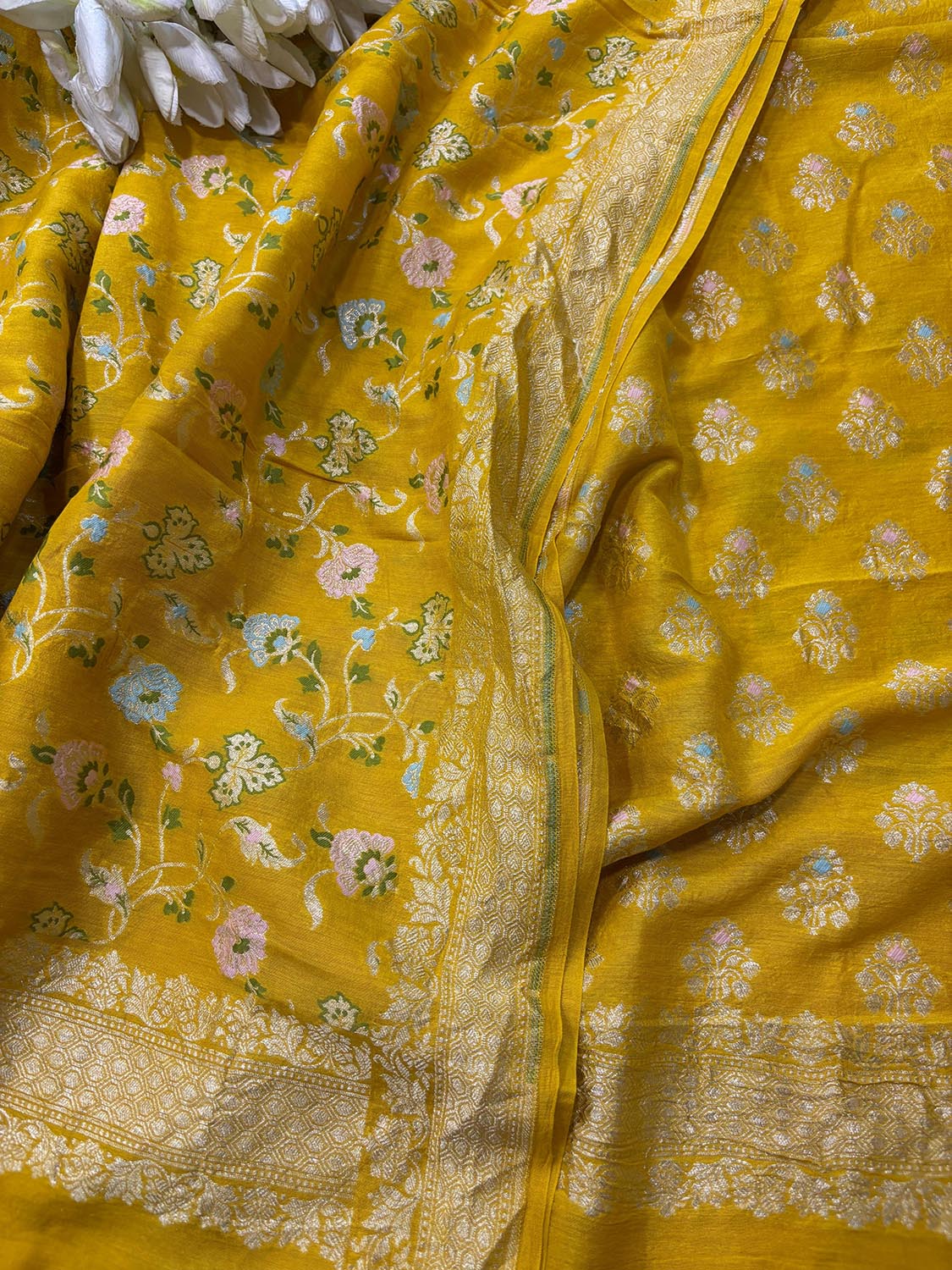 Yellow Banarasi Pure Moonga Silk Meenakari Three Piece Unstitched Suit Set - Luxurion World