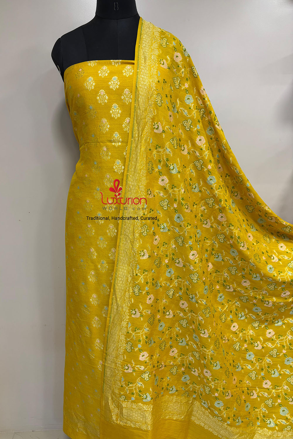 Yellow Banarasi Pure Moonga Silk Meenakari Three Piece Unstitched Suit Set - Luxurion World