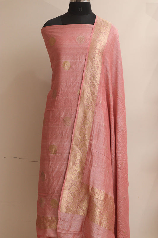 Pink Banarasi Pure Moonga Tissue Silk Three Piece Unstitched Suit Set - Luxurion World