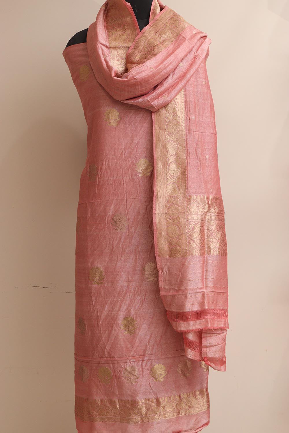 Pink Banarasi Pure Moonga Tissue Silk Three Piece Unstitched Suit Set - Luxurion World