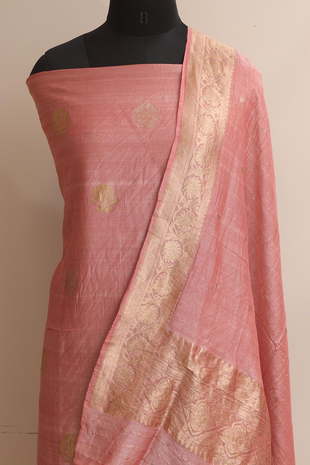 Pink Banarasi Pure Moonga Tissue Silk Three Piece Unstitched Suit Set - Luxurion World
