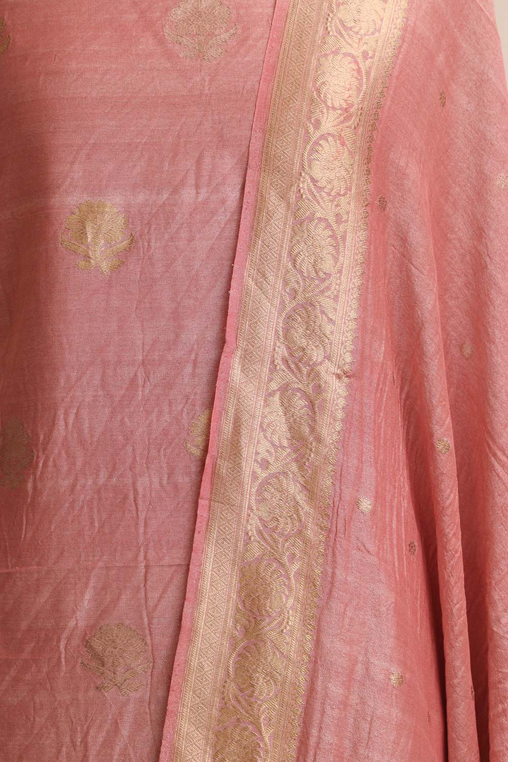 Pink Banarasi Pure Moonga Tissue Silk Three Piece Unstitched Suit Set - Luxurion World