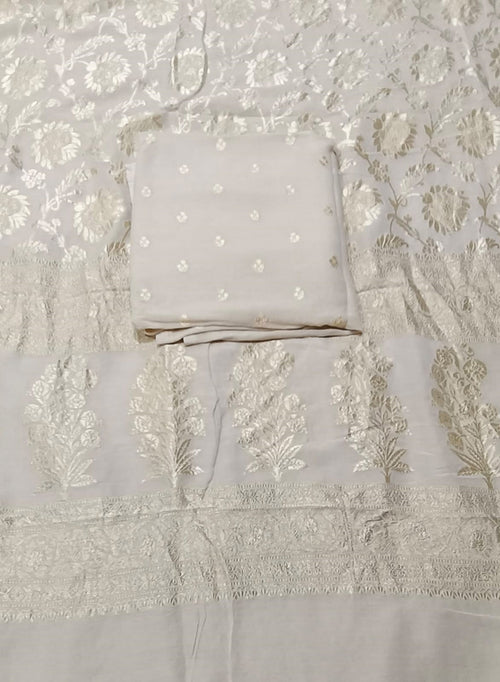 Dyeable Banarasi Pure Moonga Silk Unstitched Three Piece Suit Set - Luxurion World