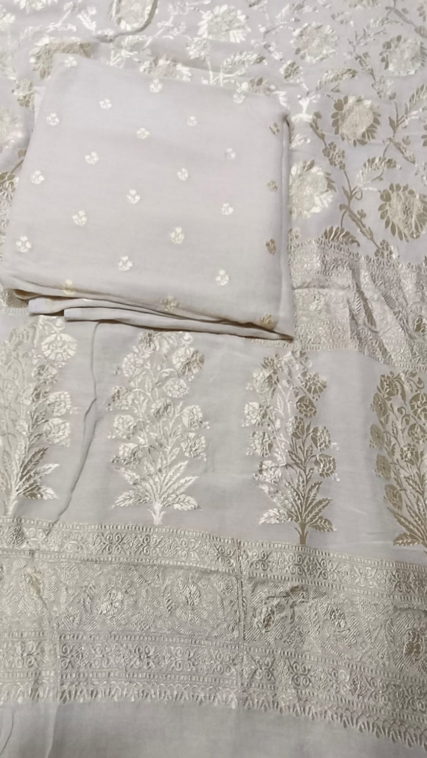 Dyeable Banarasi Pure Moonga Silk Unstitched Three Piece Suit Set - Luxurion World