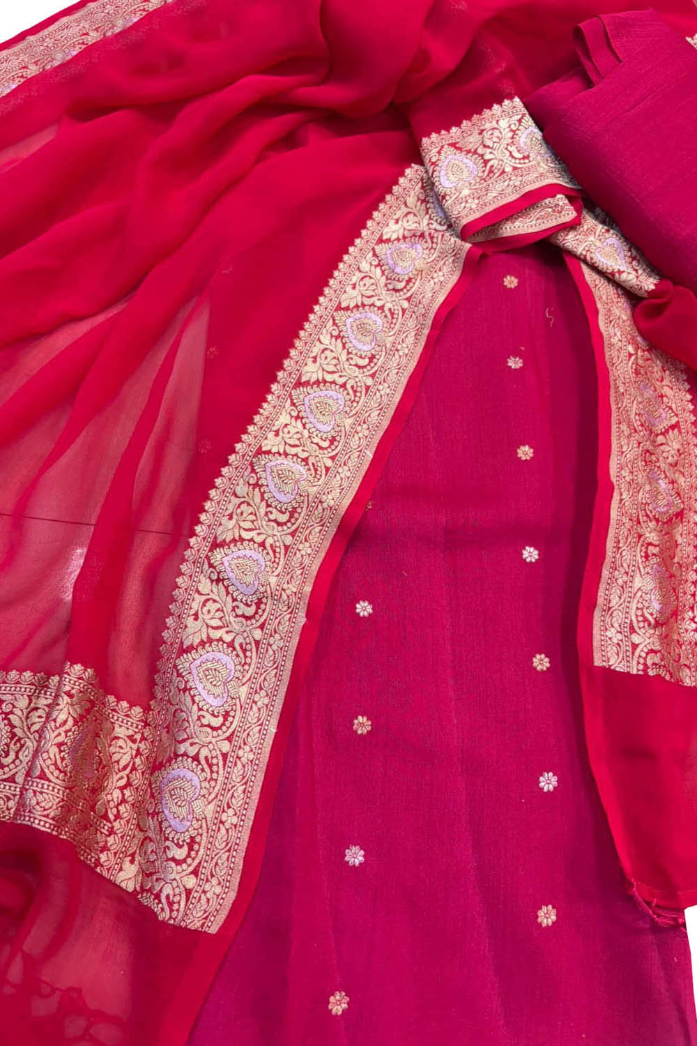 Pink Pure Moonga Silk Banarasi Handloom Suit With Kadwa Plain Sona Roopa Border Georgette Dupatta - Luxurion World