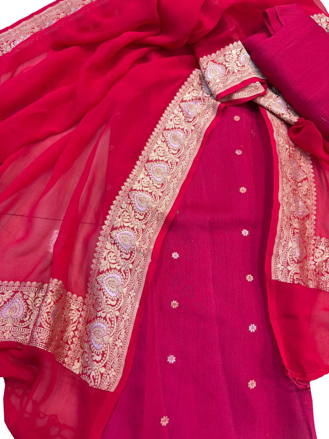 Pink Pure Moonga Silk Banarasi Handloom Suit With Kadwa Plain Sona Roopa Border Georgette Dupatta - Luxurion World